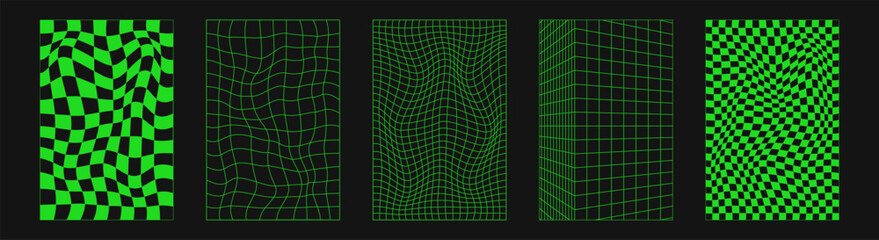 Abstract wireframes, cyberpunk elements and perspective green grids and spheres. Surreal geometric retro futuristic set. Psychedelic y2k shapes. Rave vector elements and signs in trendy psychedelic.