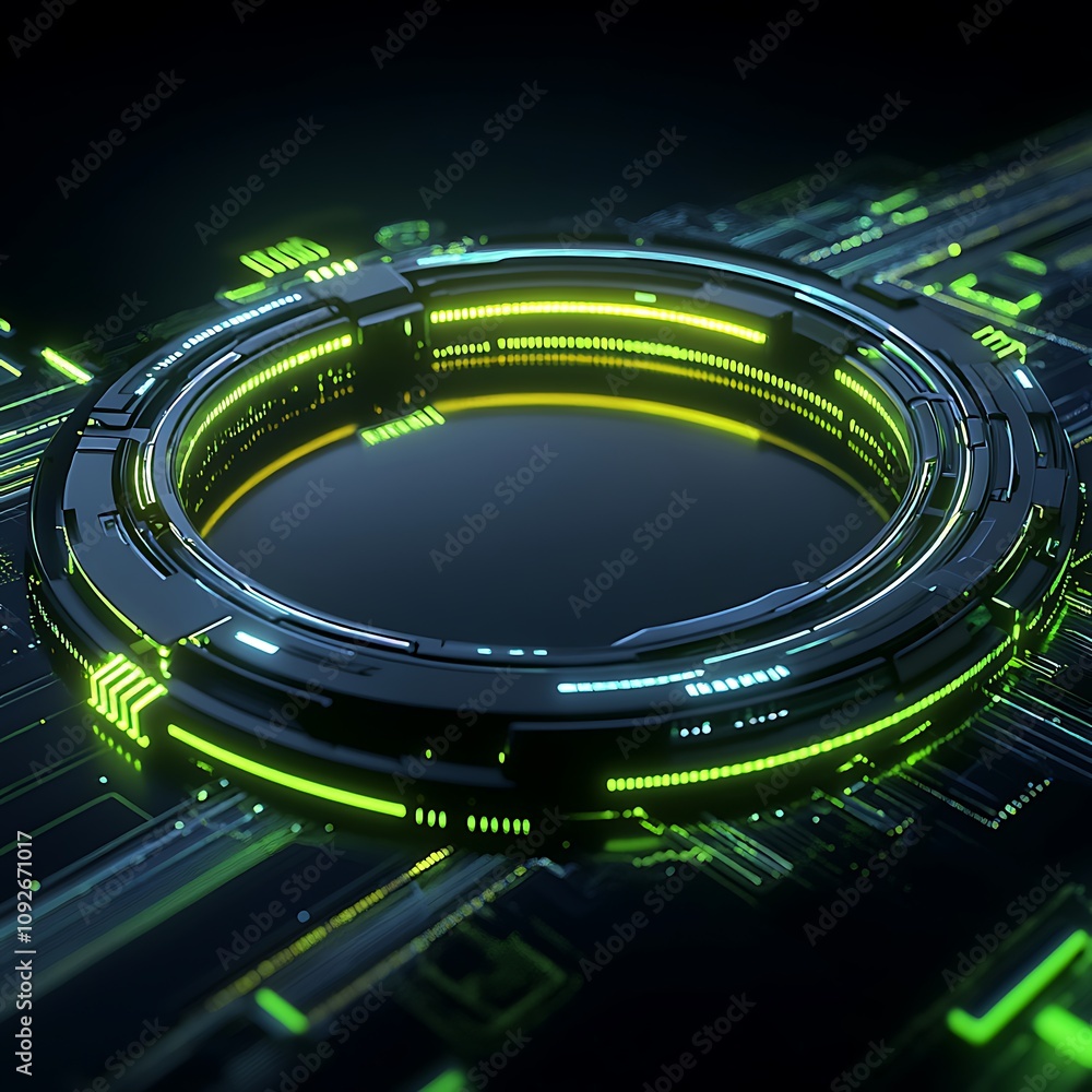 Poster futuristic neon circular interface with glowing elements and rigid lines on a dark background, ideal