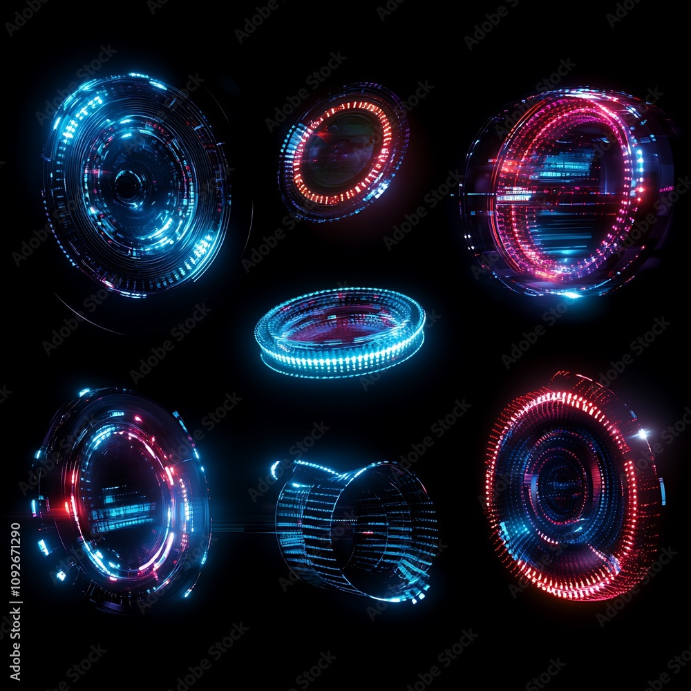 Poster futuristic neon interface elements with bright circuits and glowing effects for technology backgroun