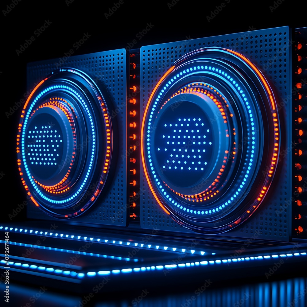 Poster futuristic neon light display with intricate circular patterns and glowing elements set against a da
