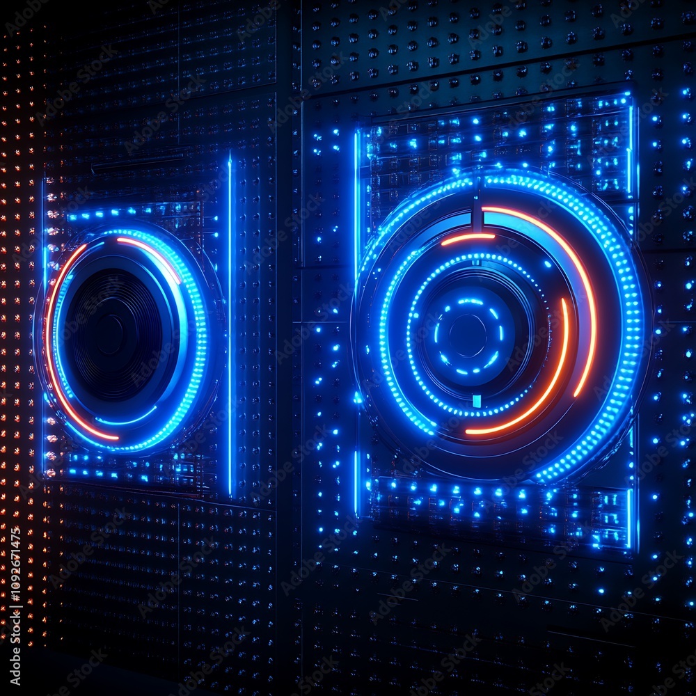 Poster futuristic neon panels with circular patterns and vibrant colors, high-tech digital display in dark 