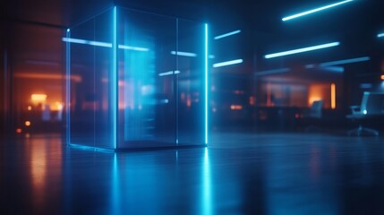 Futuristic Digital Cube Illuminated with Neon Blue Light in Modern Office Environment Highlighting Technology and Innovation