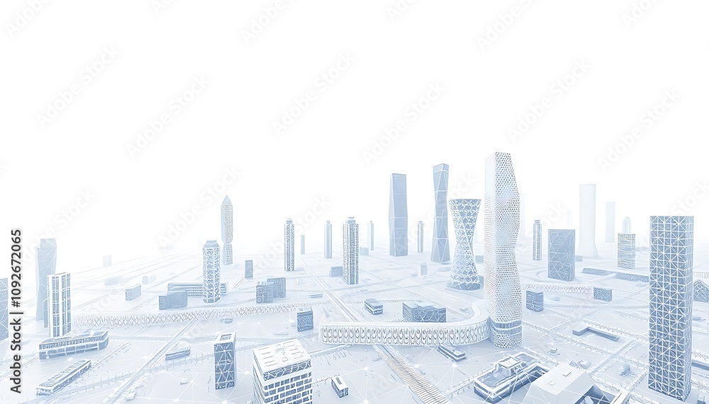 Poster a futuristic geometric cityscape rendered in a 3d computer-generated environment, featuring a crisp 