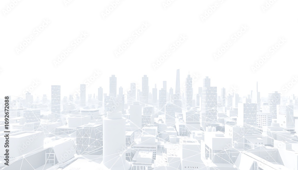 Poster a futuristic geometric cityscape rendered in a 3d computer-generated environment, featuring a crisp 