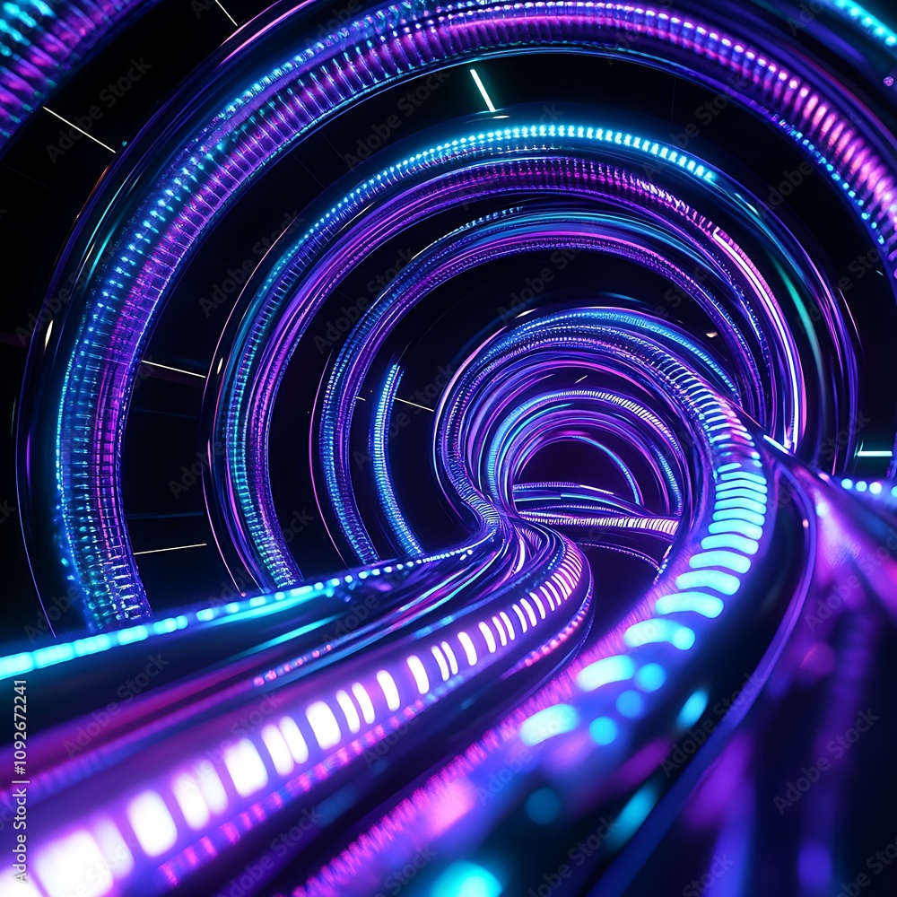 Poster futuristic neon tunnel with vibrant purple and blue lights creating a dynamic optical illusion of de