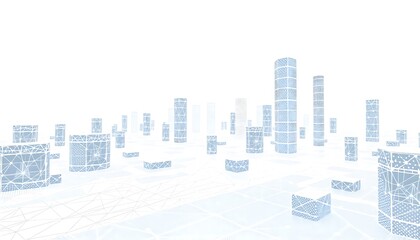 A futuristic geometric cityscape rendered in a 3D computer-generated environment, featuring a crisp white background and a polygon mesh grid that is overlaid with intricate dots and lines.