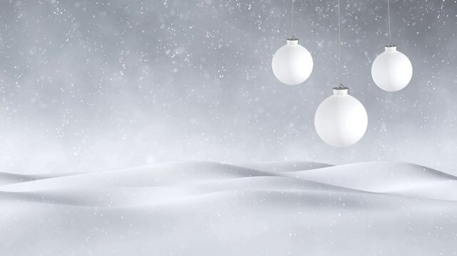 Beautiful snow bumbs with looping baubles and snowfall. Concept Christmas and New Year greeting card background.
