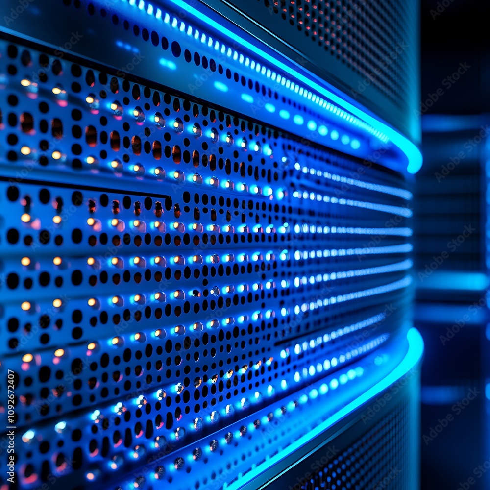 Poster futuristic server room with vibrant blue lighting and complex technology background for data center 