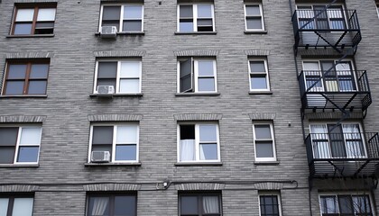 Obraz premium The classic gray brickwork of an older apartment building, with its sturdy, timeless architecture and character. 
