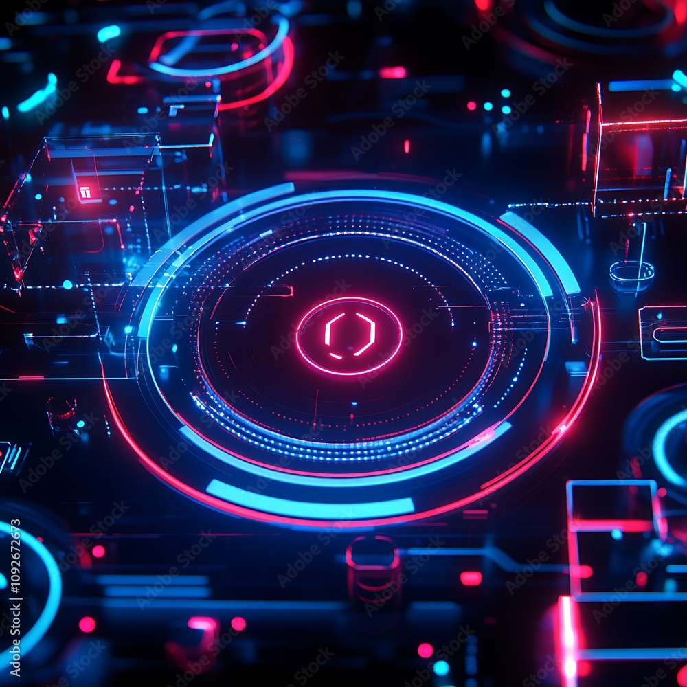 Poster futuristic technology background with neon circuits and circular patterns radiating through a dark i