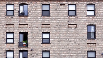 Obraz premium The classic gray brickwork of an older apartment building, with its sturdy, timeless architecture and character. 