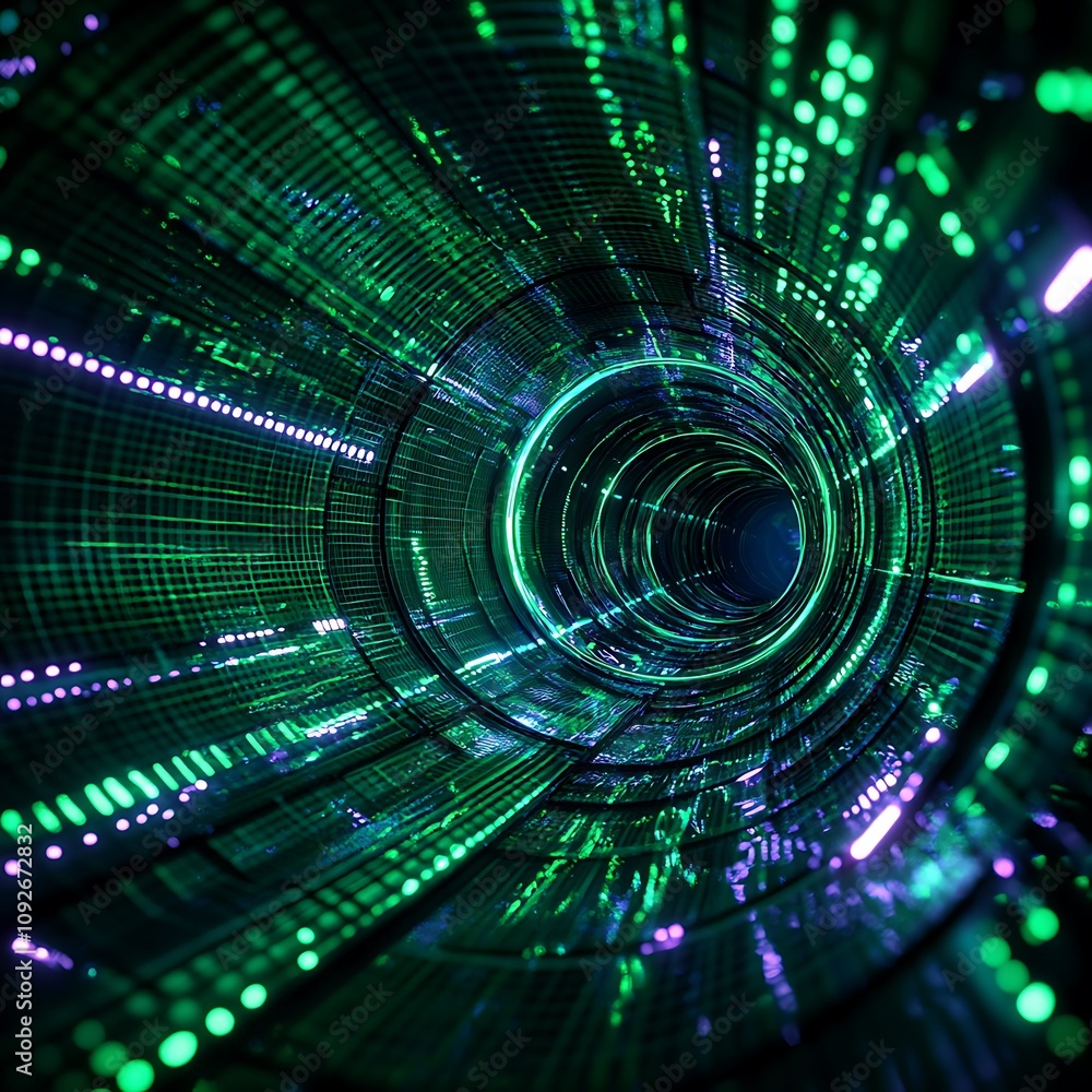 Poster futuristic tunnel abstract with green and blue lights illustrating digital matrix concept in a high-