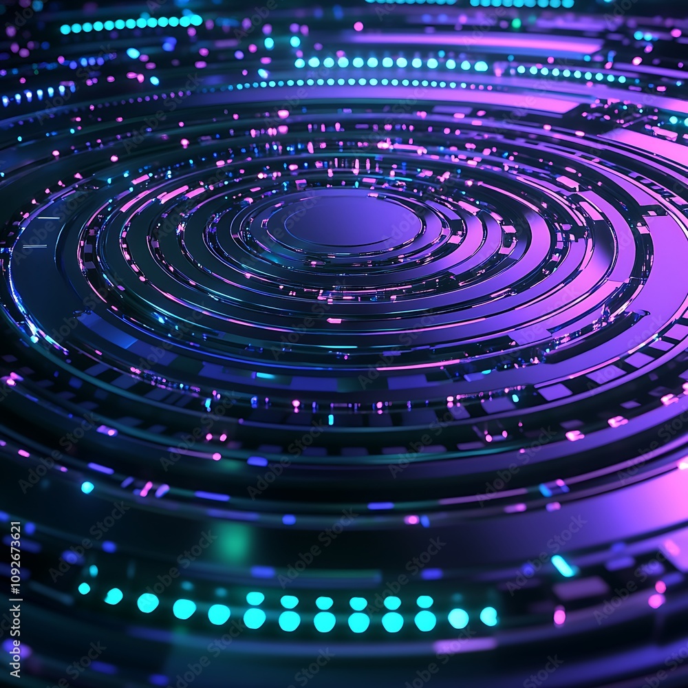 Poster modern abstract background with circular patterns of colorful neon lights in a dark setting, perfect