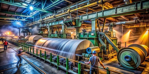 Obraz premium Long Exposure of Paper Mill Factory Workers in Action, Capturing the Dynamic Environment of Industrial Production with Steam and Machinery, Showcasing the Process of Papermaking