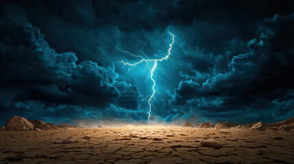 dramatic scene of thunderstorm with lightning over dry land