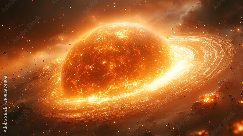 Poster vibrant display of a glowing planet surrounded by fiery rings in an expansive cosmic setting. genera