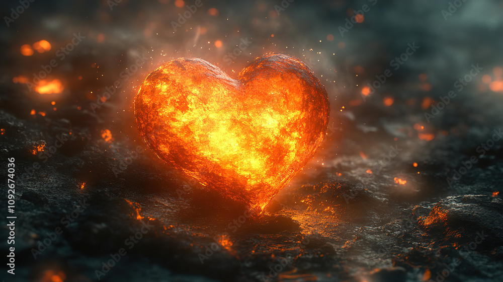 Aufkleber fiery heart surrounded by glowing lava on dark rocky surface creating a dramatic visual display of p