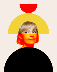 Contemporary art collage. Portrait of blonde woman layered with bold, colorful geometric shapes,...