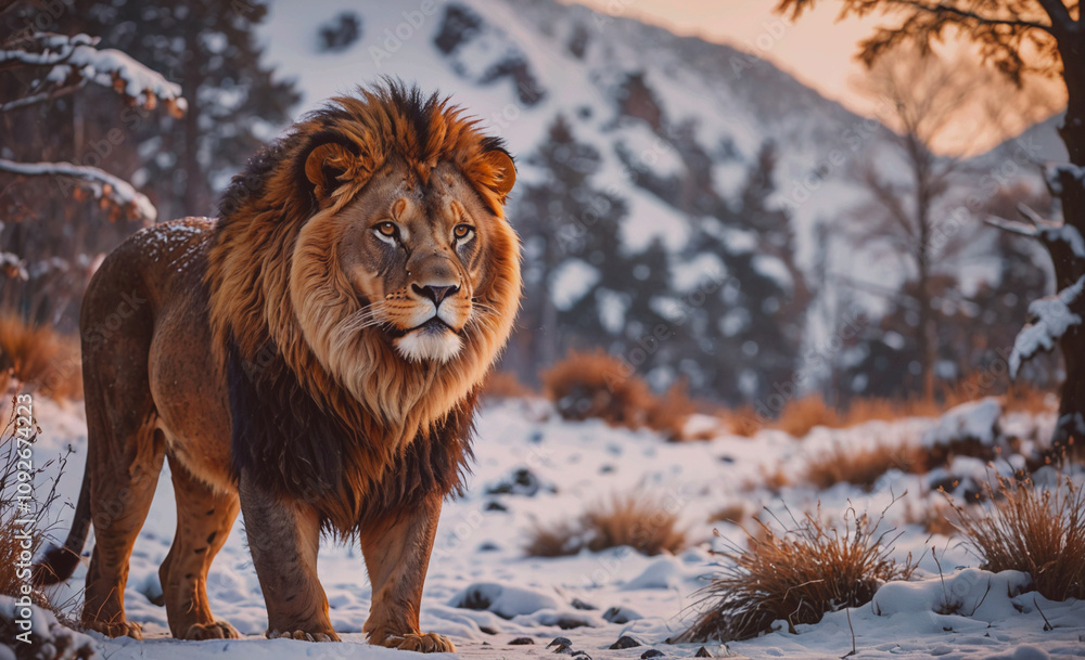 Poster lion is standing in the snow. the lion has a long mane and is looking at the camera