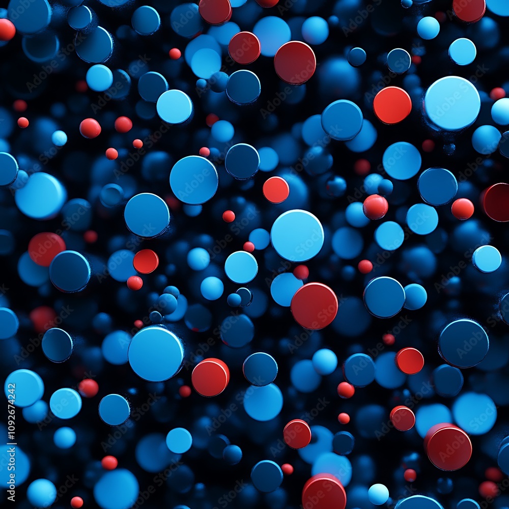 Poster vibrant abstract background with floating red and blue circles on a dark surface, ideal for modern d