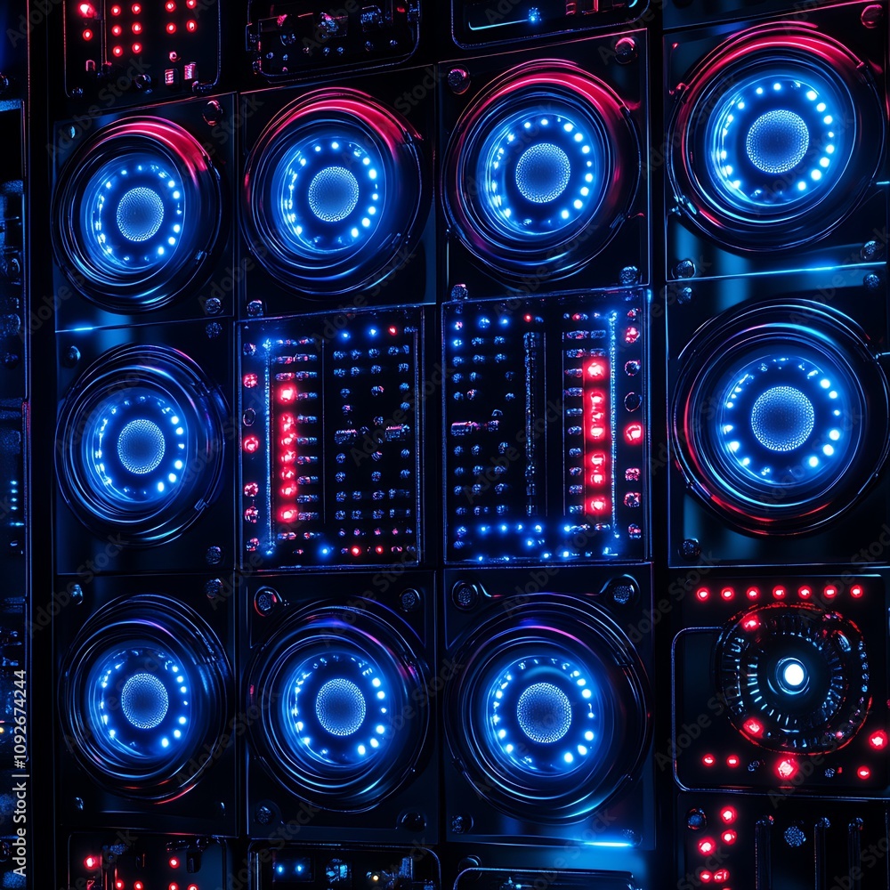 Poster vibrant abstract background with geometric patterns, led lights, and electric colors creating a futu