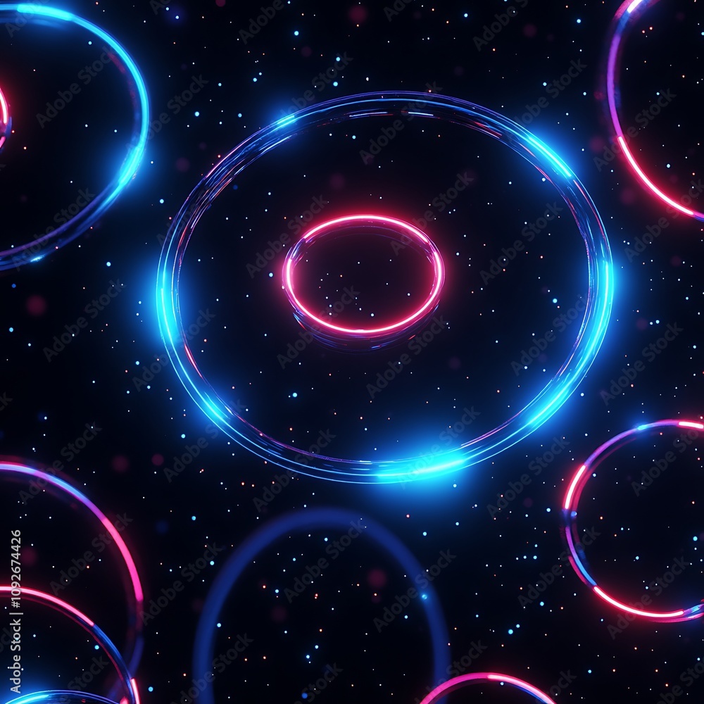 Poster vibrant abstract circles in neon colors illuminating a dark cosmic background with sparkling stars f