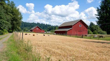 peaceful rural farm setting with charming red barns and fields