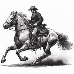 A man on horseback in motion, depicted in a monochrome style.
