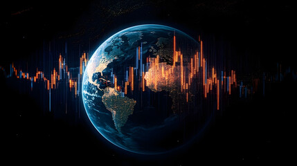Planet Earth overlaid with financial graphs and charts, symbolizing global business trends and market analysis