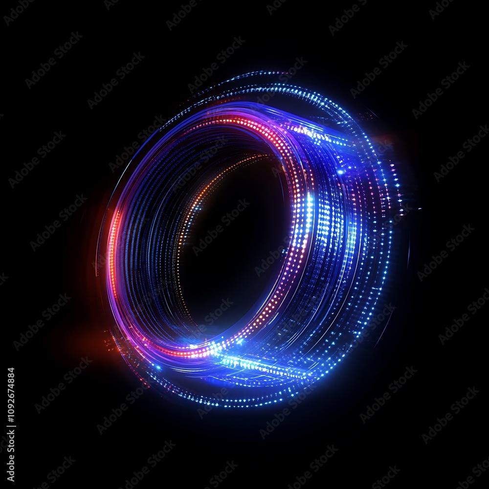 Poster vibrant abstract light trails in circular motion creating a dynamic glow effect on a dark background