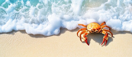 A crab on a sandy beach near the ocean waves. © setiadio