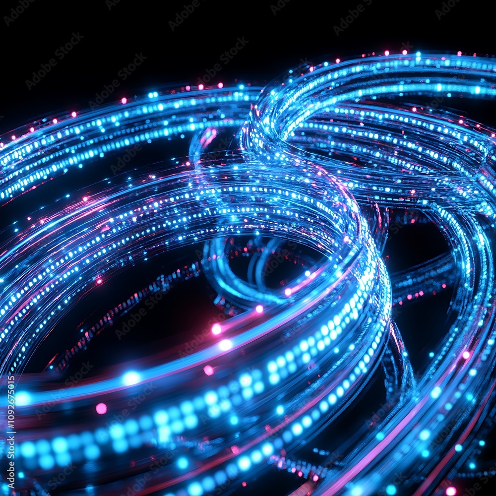 Poster vibrant abstract light trails in dynamic circular patterns, showcasing a fusion of blue and pink col