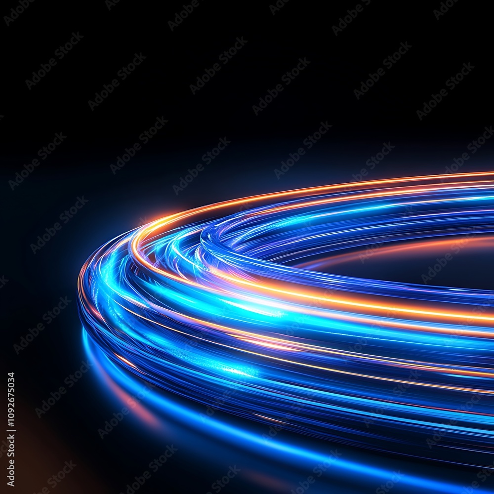 Poster vibrant abstract motion circles with dynamic light trails in blue and orange colors to create a sens