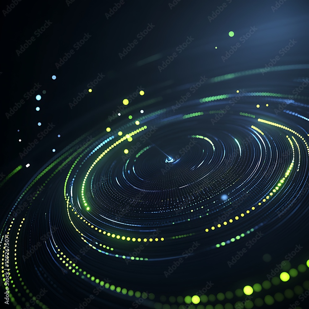 Poster vibrant abstract motion with circles and light particles creating a dynamic flow in a dark backgroun
