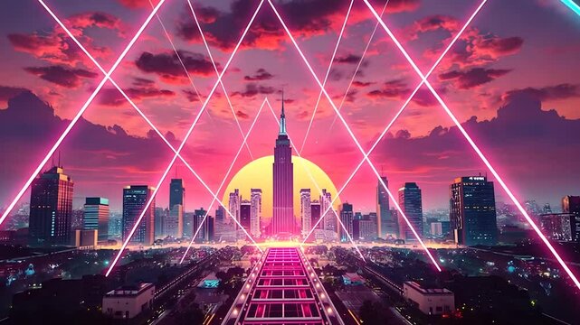Animation Futuristic megacity with a glowing pink orange horizon, towering skyscrapers, laser lights, and an elevated transport system moving gracefully into an illuminated urban hub at dusk