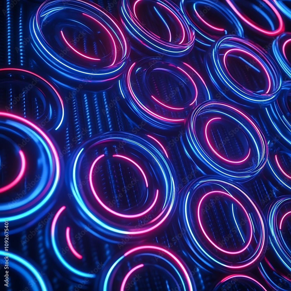 Poster vibrant abstract neon circles on a dark background for futuristic design and technology themes in vi