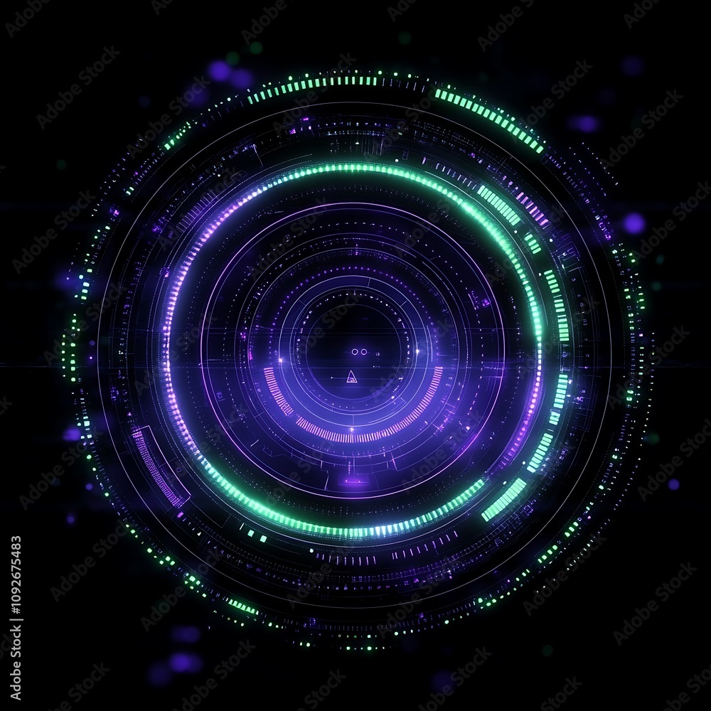 Poster vibrant circular digital interface with neon colors and glowing elements for futuristic technology a