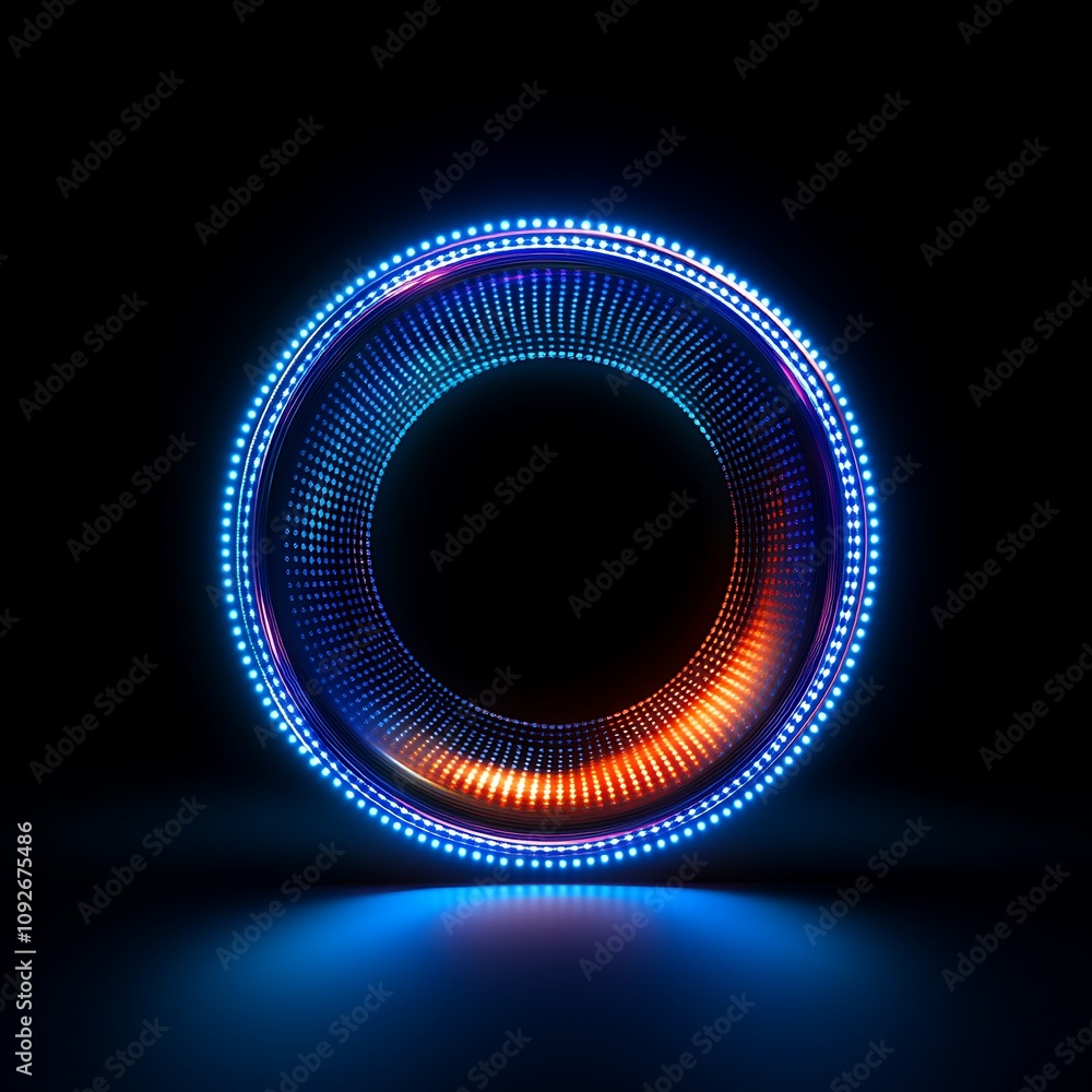 Poster vibrant circular light pattern with neon glow, radiating colorful waves and dots creating a dynamic 