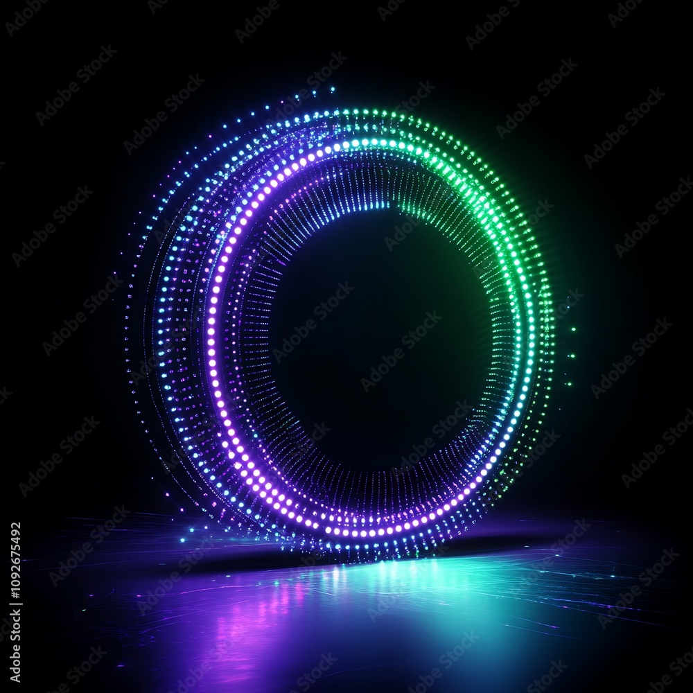 Poster Vibrant Circular Light Display with Colorful Glow Featuring Digital Dots and Star Effects, Against a Black Background for Abstract Visuals and Modern Art Concepts