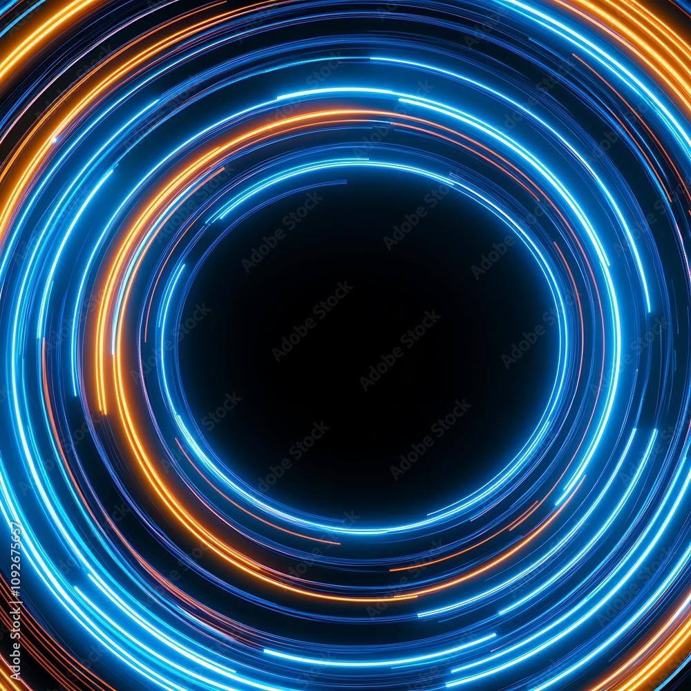 Aufkleber vibrant circular light trails in blue and orange creating dynamic patterns against a black backgroun