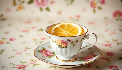 Fototapeta premium A classic English tea wallpaper in a delicate porcelain teacup with a slice of lemon and a floral saucer.