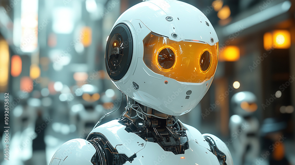 Aufkleber robotic figures in a futuristic urban environment with glowing elements and intricate designs during