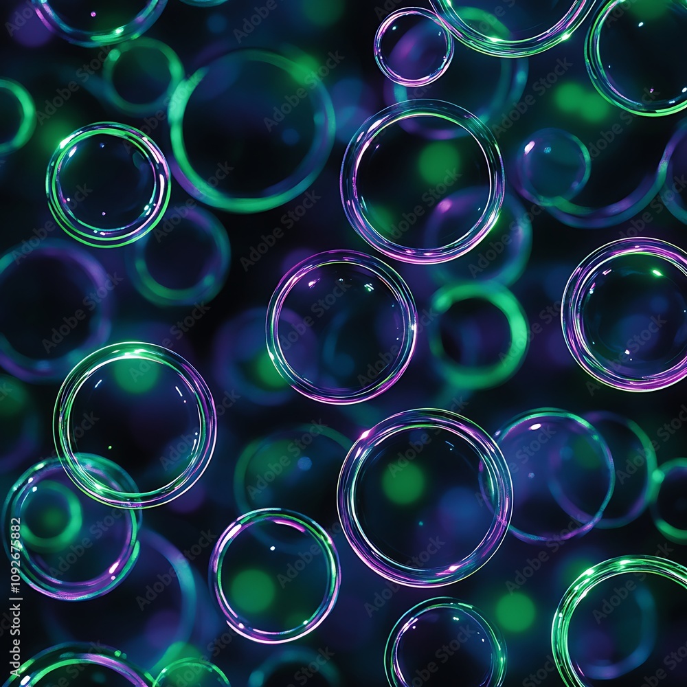 Poster vibrant colorful bubbles floating in deep dark background with ethereal glow and iridescent reflecti