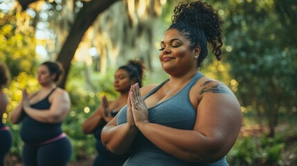 A group of curvy women doing yoga together in a serene park, smiling and stretching in sync