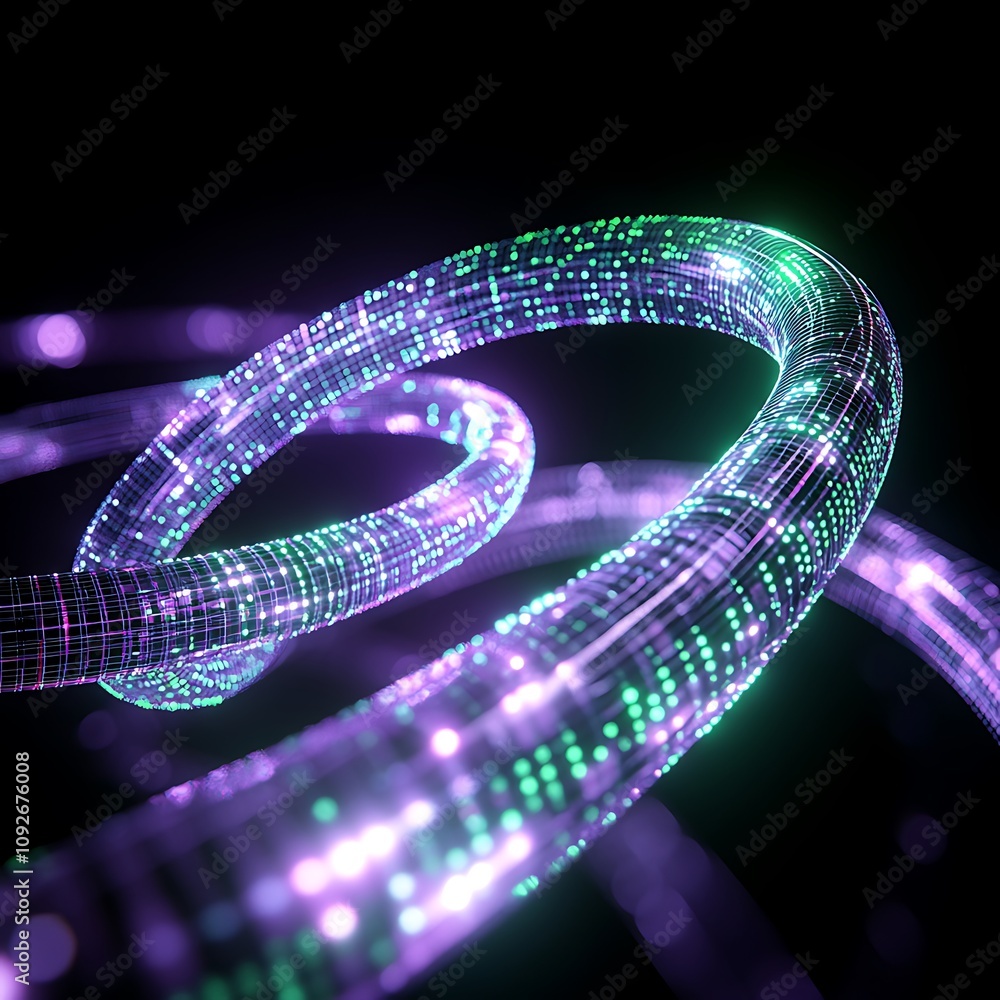 Poster vibrant digital waves of light in a dark space featuring colorful particles and abstract twisting sh