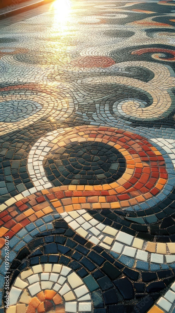 Poster a colorful mosaic pattern on a surface reflecting sunlight.