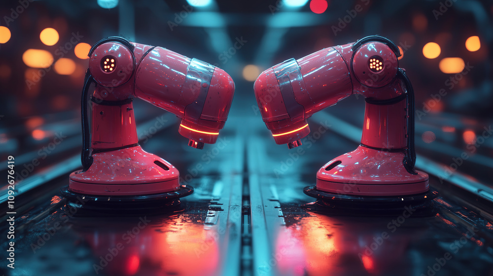 Poster Robotic arms positioned for collaboration in an industrial setting illuminated with vibrant lights at night. Generative AI