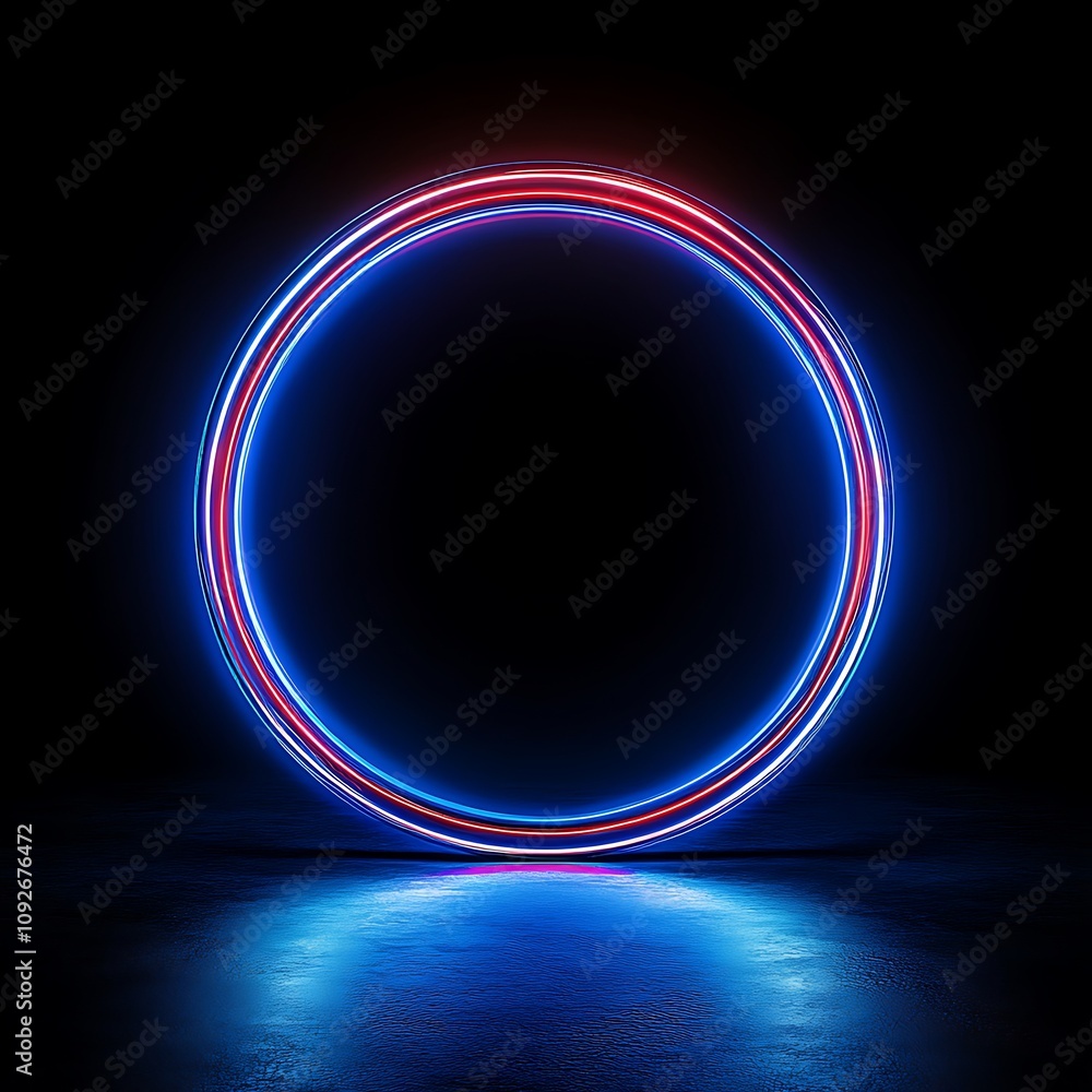 Poster vibrant neon circle with blue and red lights against a dark background creating a futuristic and dyn