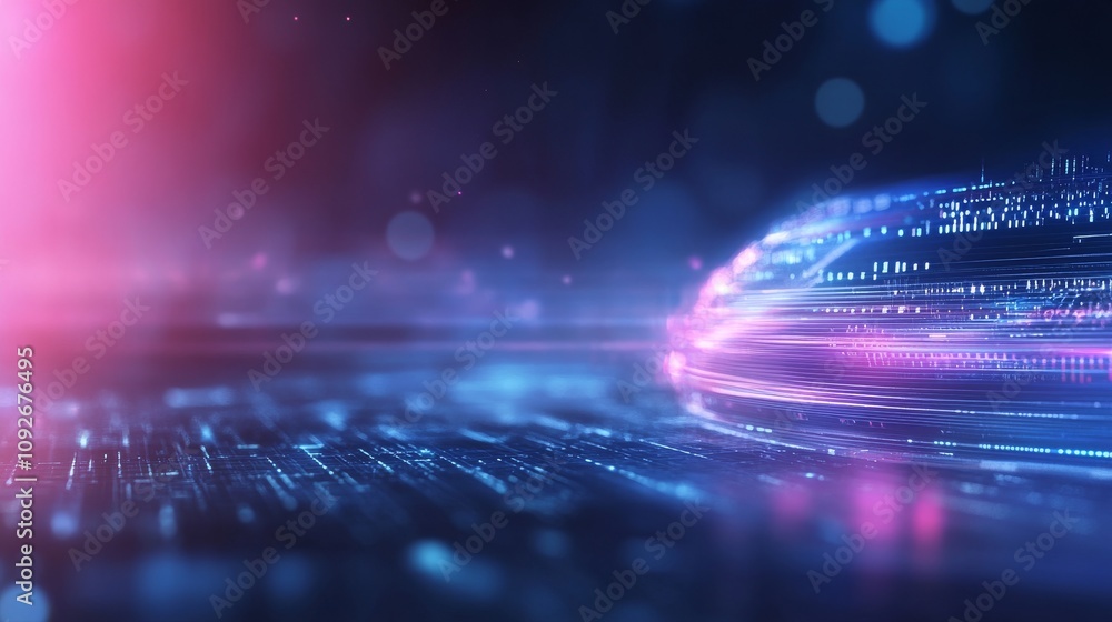 Poster futuristic digital landscape with glowing lines and particles representing technology, data, and inn