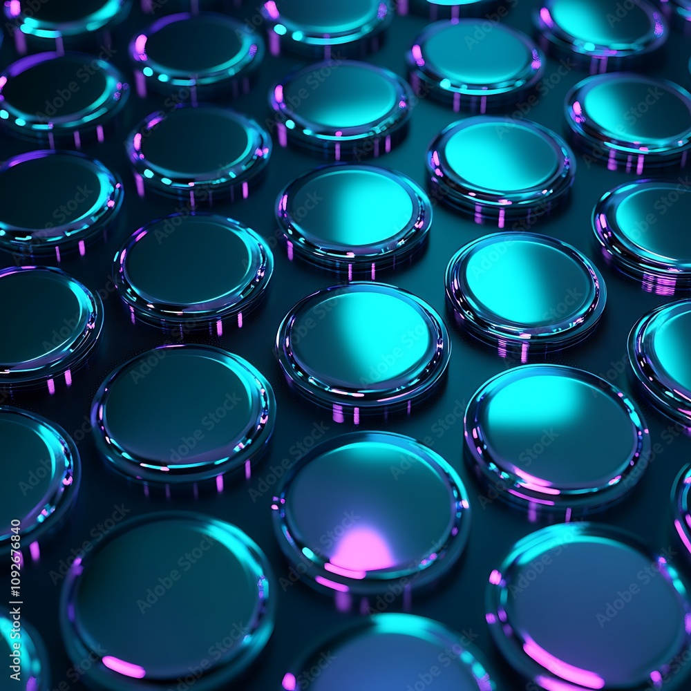 Poster vibrant neon circular patterns with reflection and glossy finish captured in a futuristic style for 